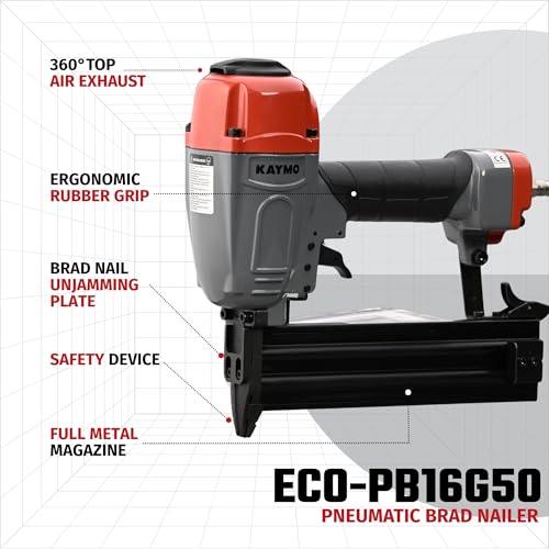 Kaymo ECO-PB16G50 Pneumatic Brad Nailer | 16 Gauge T Series | 2 Kg Heavy-Duty Tool | 360° Exhaust | Ergonomic Rubber Grip | Full Metal Magazine | Safety Device | Wooden Flooring & Furniture Use - Image 2