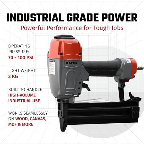 Kaymo ECO-PB16G50 Pneumatic Brad Nailer | 16 Gauge T Series | 2 Kg Heavy-Duty Tool | 360° Exhaust | Ergonomic Rubber Grip | Full Metal Magazine | Safety Device | Wooden Flooring & Furniture Use - Image 3