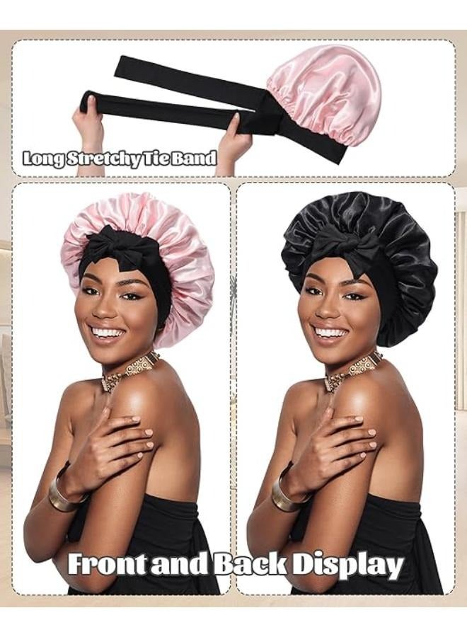 Generic Satin Bonnet Silk Bonnet for Sleeping Silk Sleep Cap Double Layer Hair Bonnet with Elastic Tie Band for Curly Hair Night Cap - Image 2