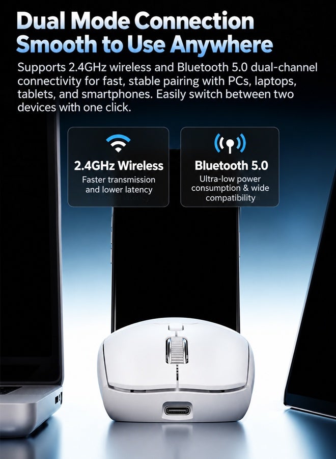 T-WOLF Bluetooth mouse, office mouse, dual-mode wireless charging computer, portable office gaming mouse with unique features, equipped with mute button and three-level DPI adjustment function, white mouse - Image 2