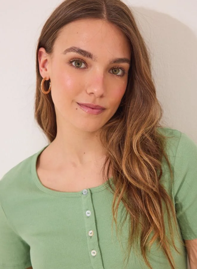 women'secret Long Green Ribbed Cotton Pajamas