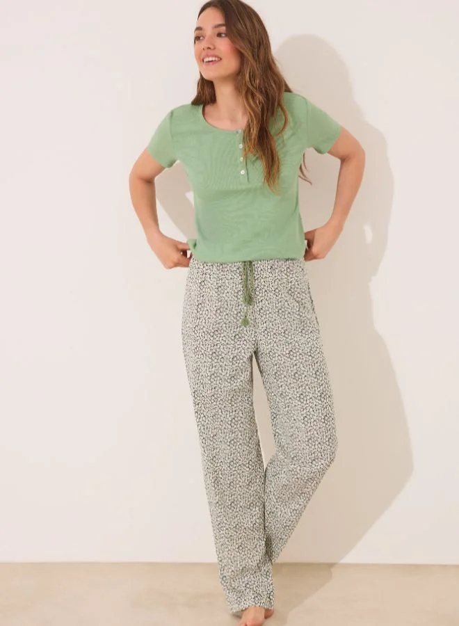 women'secret Long Green Ribbed Cotton Pajamas