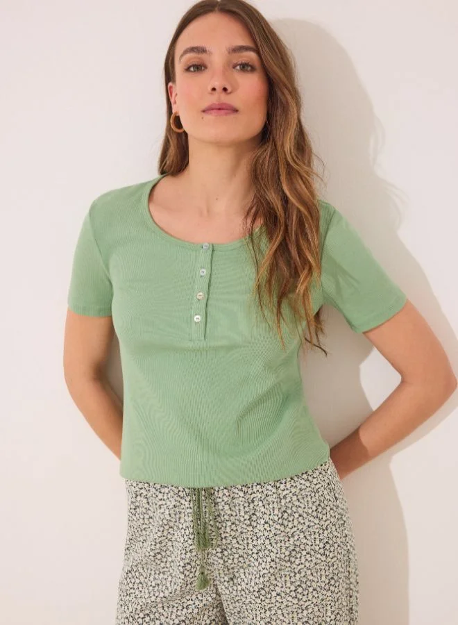 women'secret Long Green Ribbed Cotton Pajamas