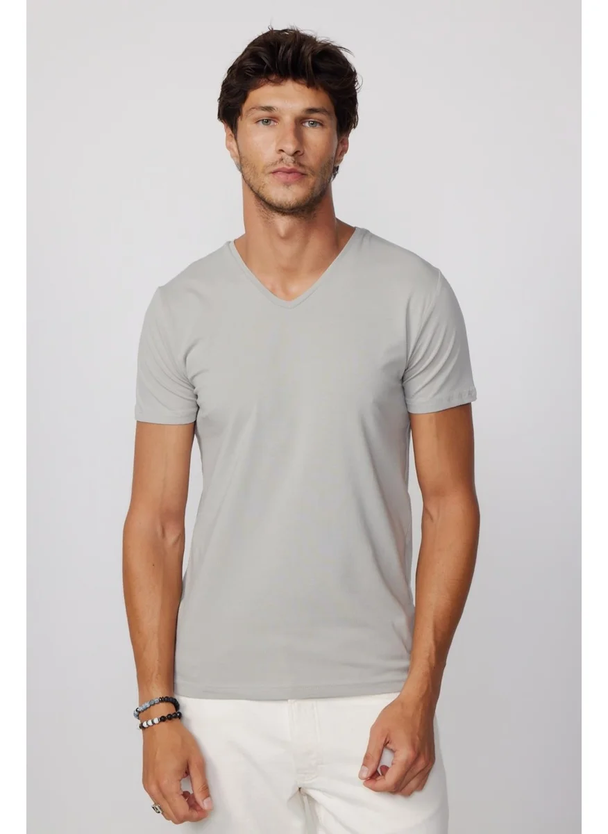 Tudors Slim Fit V-Neck Plain Basic Short Sleeve Gray T-Shirt