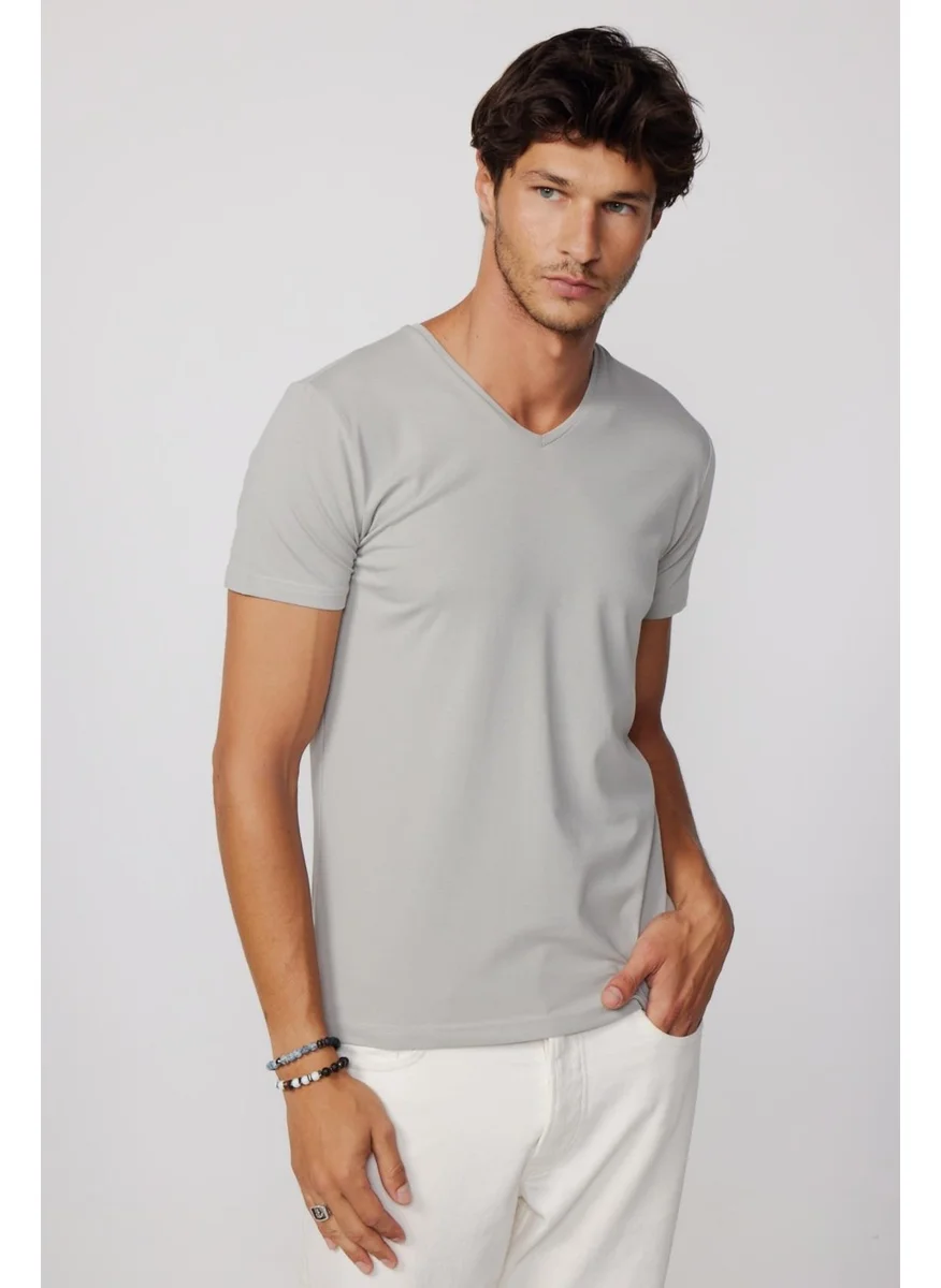 Tudors Slim Fit V-Neck Plain Basic Short Sleeve Gray T-Shirt