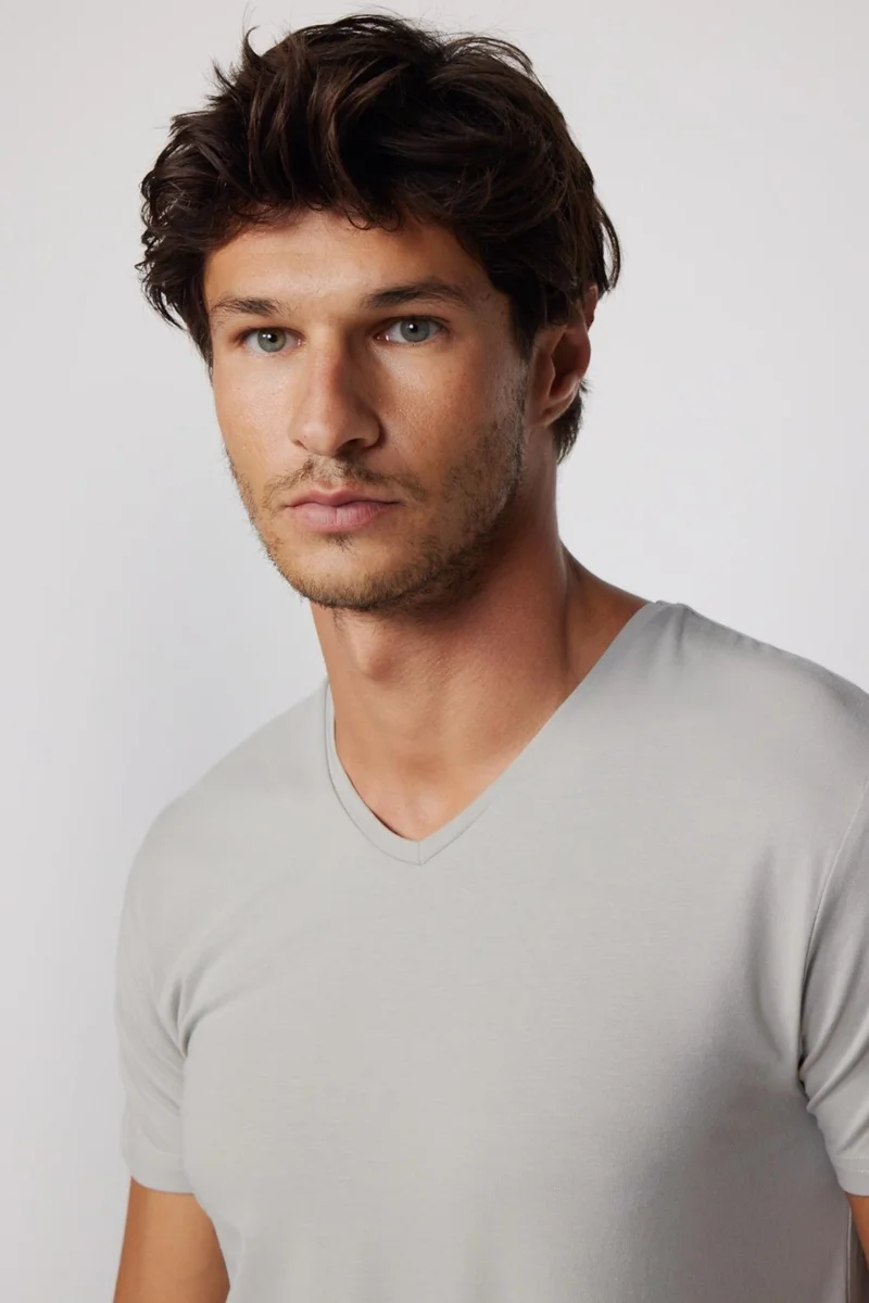 تودورس Slim Fit V-Neck Plain Basic Short Sleeve Gray T-Shirt