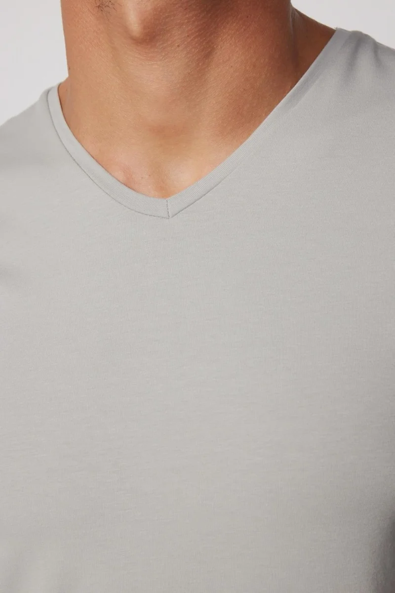تودورس Slim Fit V-Neck Plain Basic Short Sleeve Gray T-Shirt