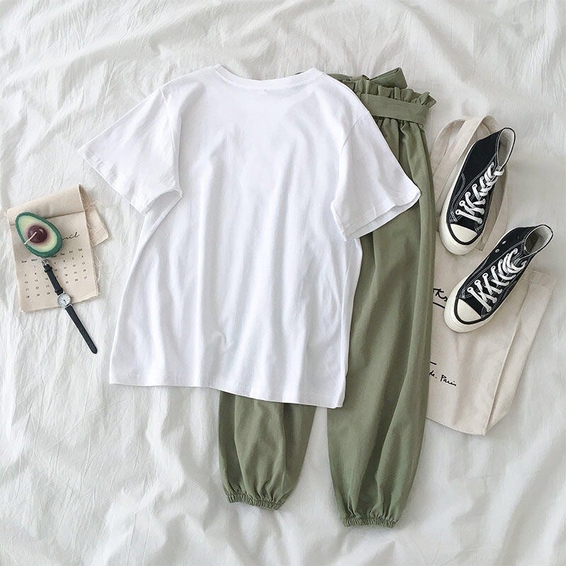 New Two-piece Suit Summer Womens Korean-style Short-sleeved T-shirt Top Loose Waist Casual Long Pants Green  - Image 4
