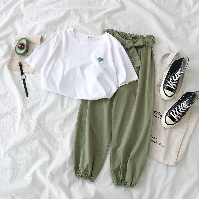 New Two-piece Suit Summer Womens Korean-style Short-sleeved T-shirt Top Loose Waist Casual Long Pants Green  - Image 1