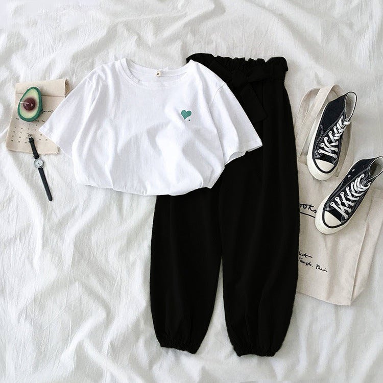New Two-piece Suit Summer Womens Korean-style Short-sleeved T-shirt Top Loose Waist Casual Long Pants Green  - Image 5