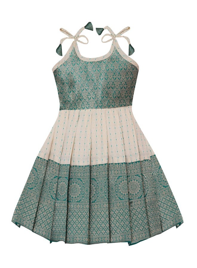 Suzvan Baby Girl's Jacquard Readymade Knee-Length Frock Dress (6-12 Months, Rama Green & Off- White) - Image 1