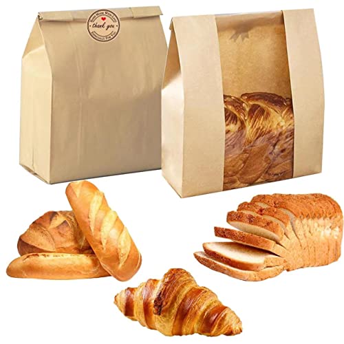 PONGHEI Large Paper Bread Bags for Homemade Sourdough-Bread Packaging Bag for Gifting, Label Seal Sticker Included Pack of 100(11.8x8.2x3.5 inch) - Image 1