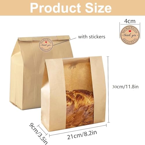 PONGHEI Large Paper Bread Bags for Homemade Sourdough-Bread Packaging Bag for Gifting, Label Seal Sticker Included Pack of 100(11.8x8.2x3.5 inch) - Image 2