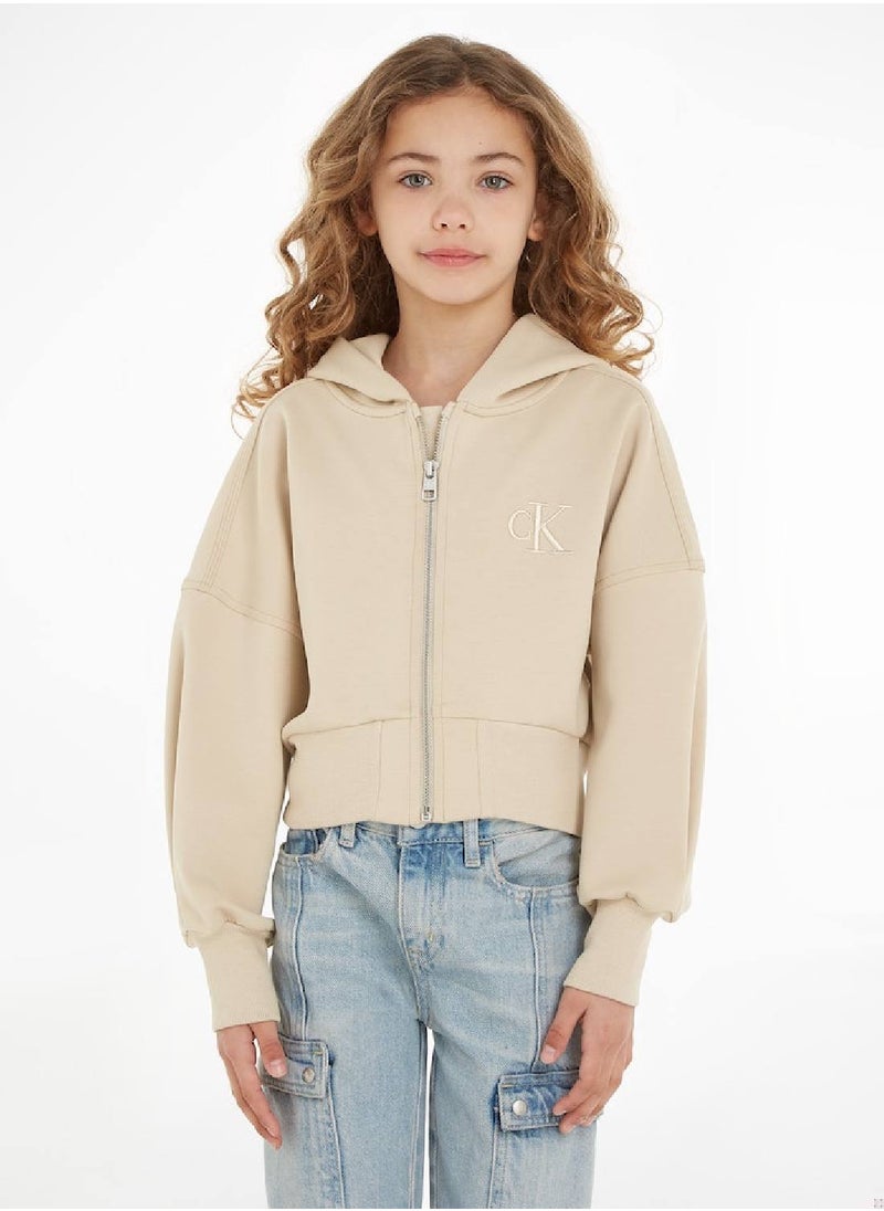 Calvin Klein Jeans - Calvin Klein Jeans Kids, Girls' Hoody - Zip Through - Sportswear - Cotton Sweatshirt, Taupe - Image 1