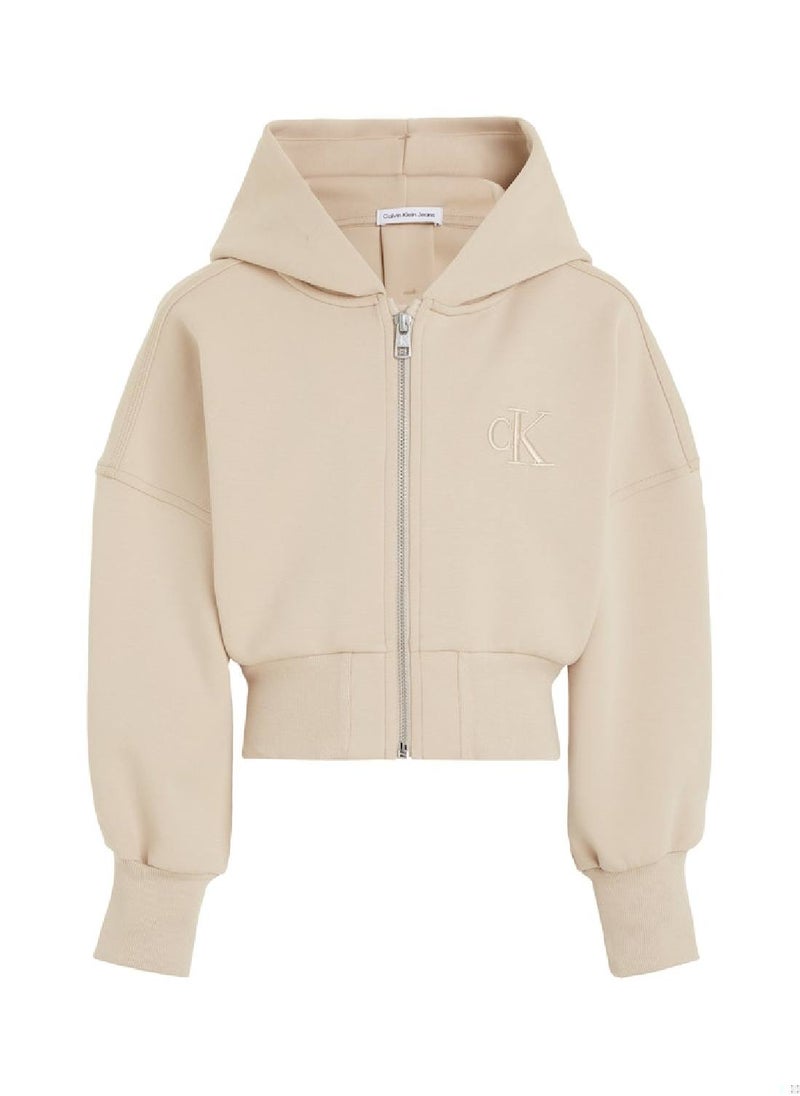 Calvin Klein Jeans - Calvin Klein Jeans Kids, Girls' Hoody - Zip Through - Sportswear - Cotton Sweatshirt, Taupe - Image 1
