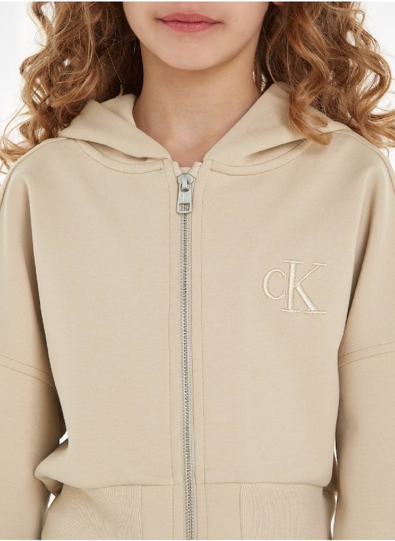 Calvin Klein Jeans - Calvin Klein Jeans Kids, Girls' Hoody - Zip Through - Sportswear - Cotton Sweatshirt, Taupe - Image 1
