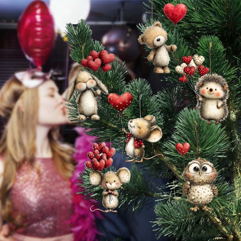 NSSHEL 9 Pcs Valentines Day Tree Ornaments Romantic Cute Animal Hedgehog Penguin Take Heart Shaped Balloon Designs 2D Acrylic Valentine's Day Hanging Pendant DIY Hanging Valentines Ornament for Party Decor - Image 4
