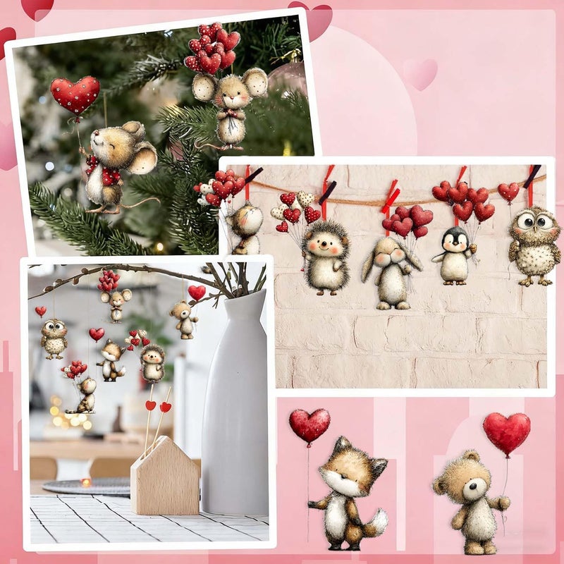 NSSHEL 9 Pcs Valentines Day Tree Ornaments Romantic Cute Animal Hedgehog Penguin Take Heart Shaped Balloon Designs 2D Acrylic Valentine's Day Hanging Pendant DIY Hanging Valentines Ornament for Party Decor - Image 5