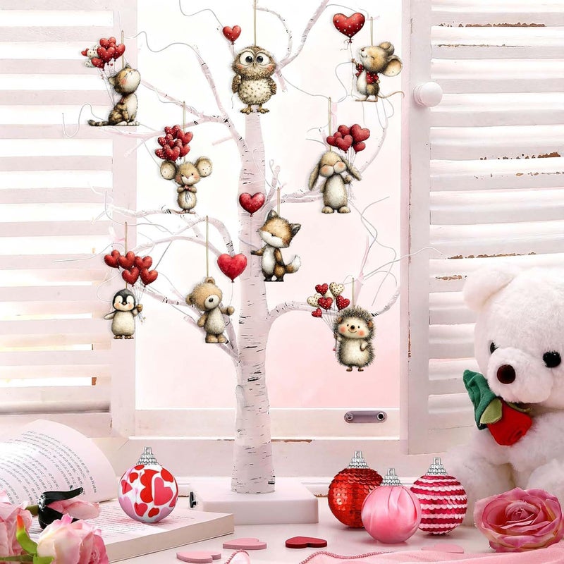 NSSHEL 9 Pcs Valentines Day Tree Ornaments Romantic Cute Animal Hedgehog Penguin Take Heart Shaped Balloon Designs 2D Acrylic Valentine's Day Hanging Pendant DIY Hanging Valentines Ornament for Party Decor - Image 3