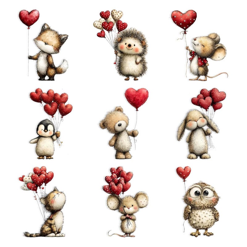 NSSHEL 9 Pcs Valentines Day Tree Ornaments Romantic Cute Animal Hedgehog Penguin Take Heart Shaped Balloon Designs 2D Acrylic Valentine's Day Hanging Pendant DIY Hanging Valentines Ornament for Party Decor - Image 1
