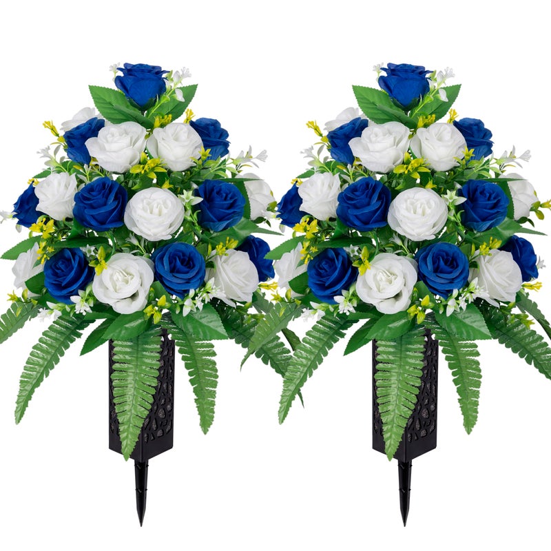 MOOMASS Artificial Cemetery Flowers - Grave Decorations, Cemetery Flowers for Grave Vase, Artificial Rose, Silk Flowers for Long-Lasting Remembrance(Dark Blue+White, 2 bouquets) - Image 1