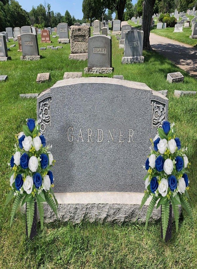 MOOMASS Artificial Cemetery Flowers - Grave Decorations, Cemetery Flowers for Grave Vase, Artificial Rose, Silk Flowers for Long-Lasting Remembrance(Dark Blue+White, 2 bouquets) - Image 3