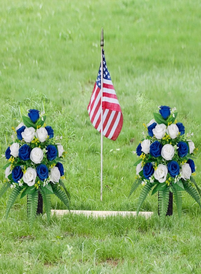 MOOMASS Artificial Cemetery Flowers - Grave Decorations, Cemetery Flowers for Grave Vase, Artificial Rose, Silk Flowers for Long-Lasting Remembrance(Dark Blue+White, 2 bouquets) - Image 2