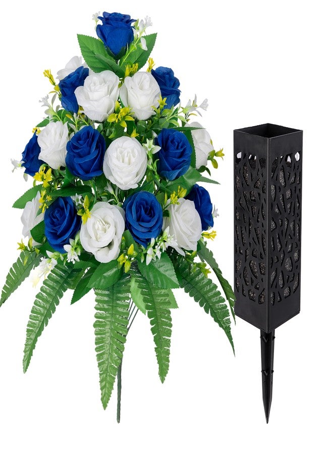 MOOMASS Artificial Cemetery Flowers - Grave Decorations, Cemetery Flowers for Grave Vase, Artificial Rose, Silk Flowers for Long-Lasting Remembrance(Dark Blue+White, 2 bouquets) - Image 4