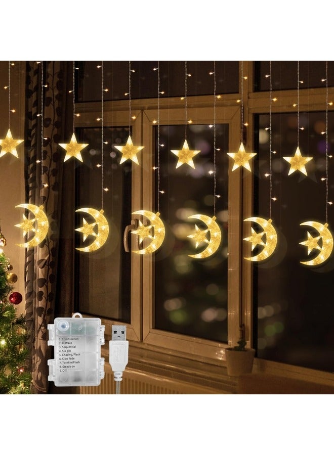 GGEROU Ramadan Window Lights 3.5M LED Stars Moon Curtain Lights Ramadan String Fairy Lights with USB+Battery-Powered and 8 Flashing Modes for Ramadan, Christmas, Wedding Decoration - Image 1