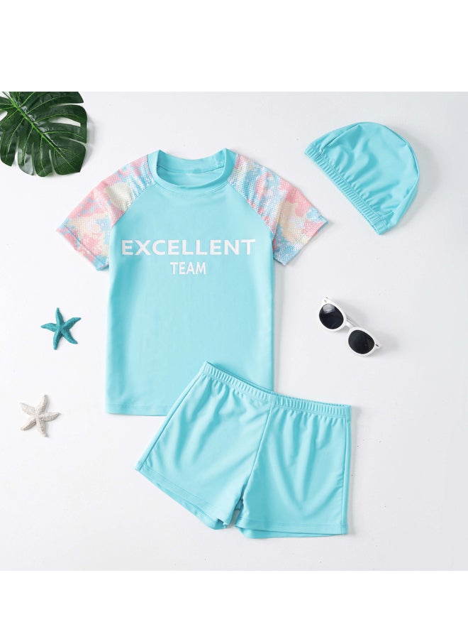 Three Piece Kids Swimsuit with Cap Set Boys Cartoon Print Swimwear Children Beachwear Bathing Suit for Summer  - Image 1