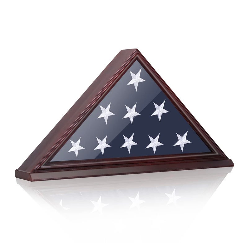 ARRAWIS Flag Display Case Thick Bottom Edge Military Flag Box with High Transparent Glass Front Solid Wood Wall Mounted Flag Case Shadow Box for 5x95 American Veteran Burial Flag Red