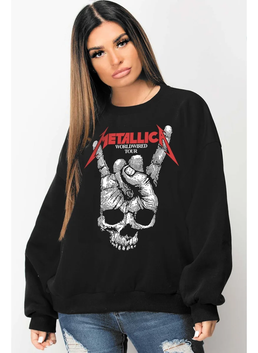 Rock&Roll Dry Hand Black Oversize Crew Neck Thick Women's Sweatshirt