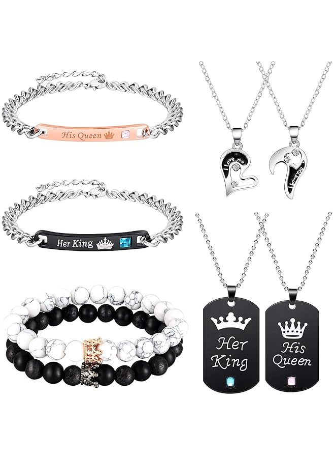 erorex 8 Pieces Couples Necklace Bracelet Matching Bracelets Set For Women Men Her King His Queen I Love You Heart Crown Necklaces Boyfriend Girlfriend For Valentines Jewelry Gift - Image 1