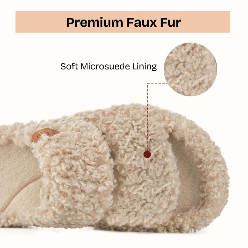 EverFoams Womens Fuzzy Open-toe Slippers Soft Comfy Memory Foam Indoor House Shoes Vintage Khaki, 9-10 US - Image 5