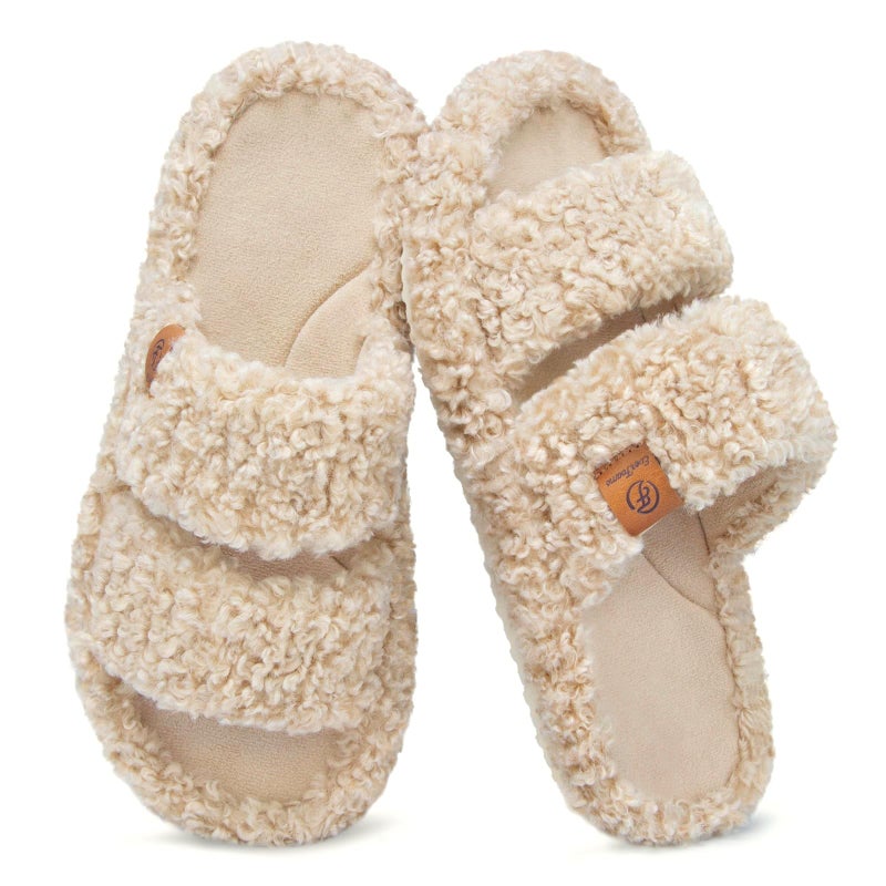EverFoams Womens Fuzzy Open-toe Slippers Soft Comfy Memory Foam Indoor House Shoes Vintage Khaki, 9-10 US - Image 1