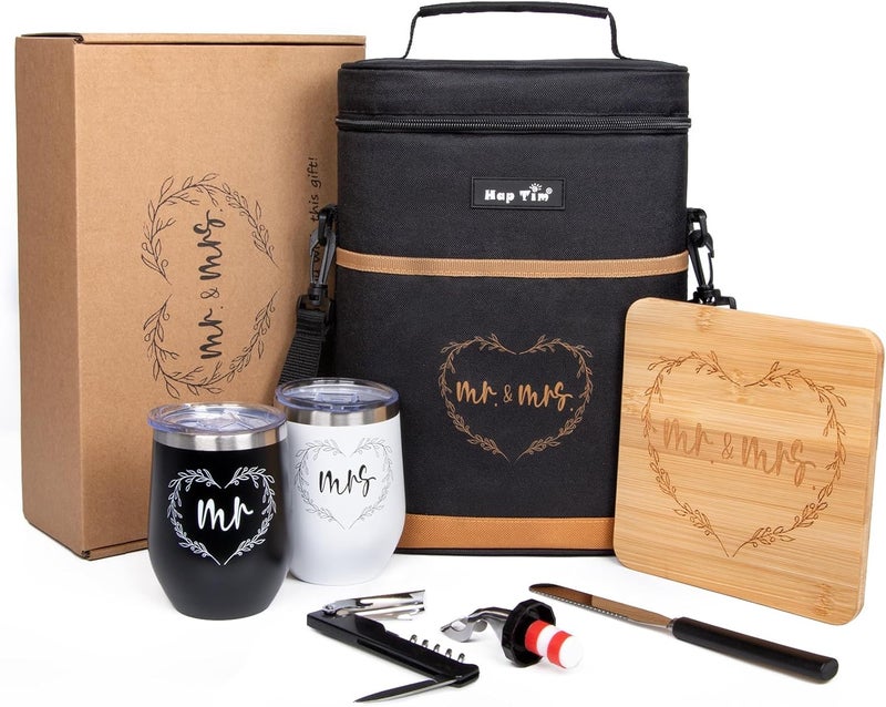 Hap Tim Wedding Gifts for Couples, Bridal Shower Gifts, Engagement Gifts for Newlyweds, Mr and Mrs gifts - Wine Cooler Bag Insulated Wine Carrier Tote with Tumblers, Bamboo Cheese Borad - Image 1