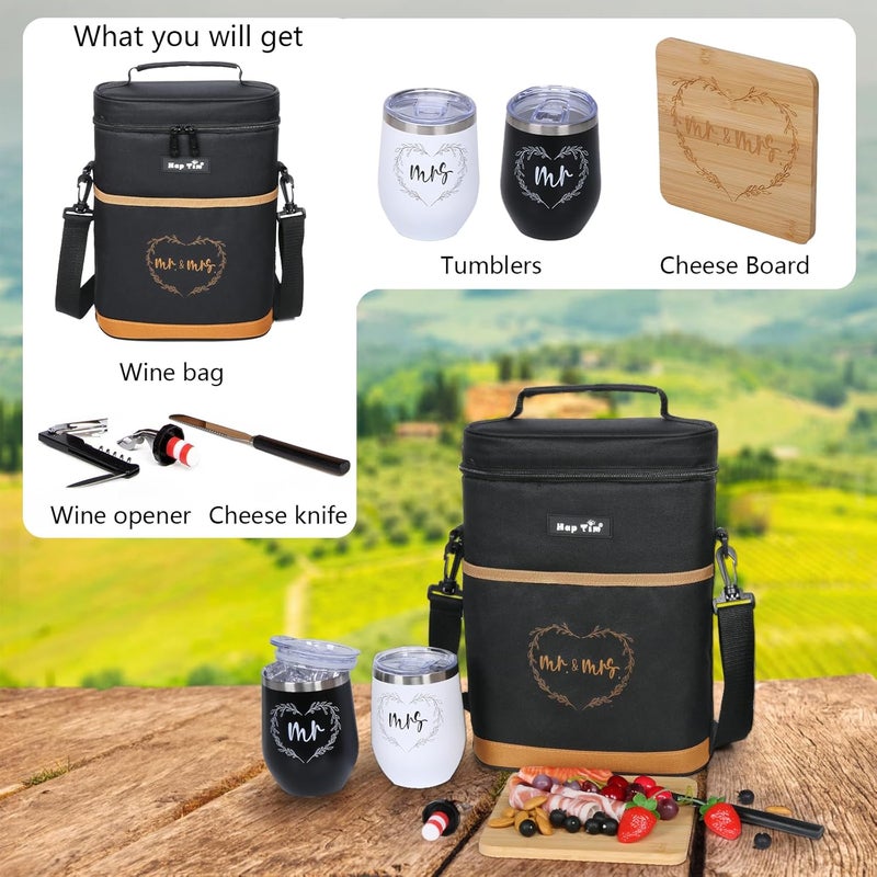 Hap Tim Wedding Gifts for Couples, Bridal Shower Gifts, Engagement Gifts for Newlyweds, Mr and Mrs gifts - Wine Cooler Bag Insulated Wine Carrier Tote with Tumblers, Bamboo Cheese Borad - Image 2