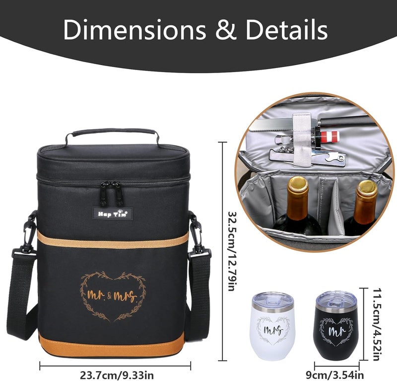 Hap Tim Wedding Gifts for Couples, Bridal Shower Gifts, Engagement Gifts for Newlyweds, Mr and Mrs gifts - Wine Cooler Bag Insulated Wine Carrier Tote with Tumblers, Bamboo Cheese Borad - Image 4