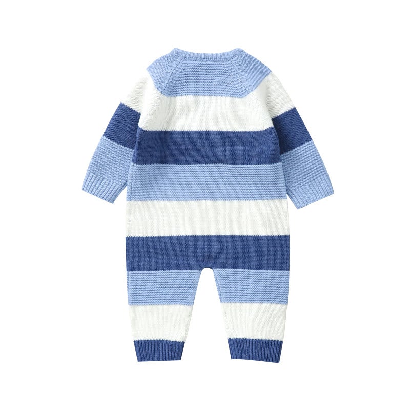 Licupiee Newborn Girl Boy Striped Sweater Romper Fall Long Sleeve Full Length Playsuit Winter Warm Button Up Knitted Jumpsuit (Blue, 0-3 Months) - Image 2