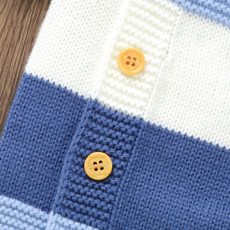 Licupiee Newborn Girl Boy Striped Sweater Romper Fall Long Sleeve Full Length Playsuit Winter Warm Button Up Knitted Jumpsuit (Blue, 0-3 Months) - Image 5