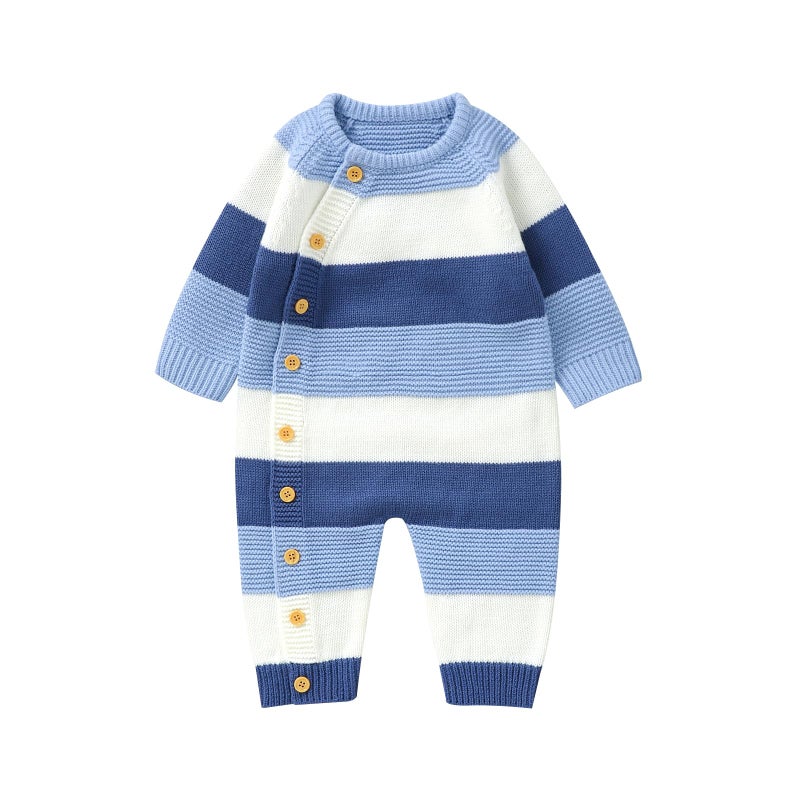 Licupiee Newborn Girl Boy Striped Sweater Romper Fall Long Sleeve Full Length Playsuit Winter Warm Button Up Knitted Jumpsuit (Blue, 0-3 Months) - Image 1
