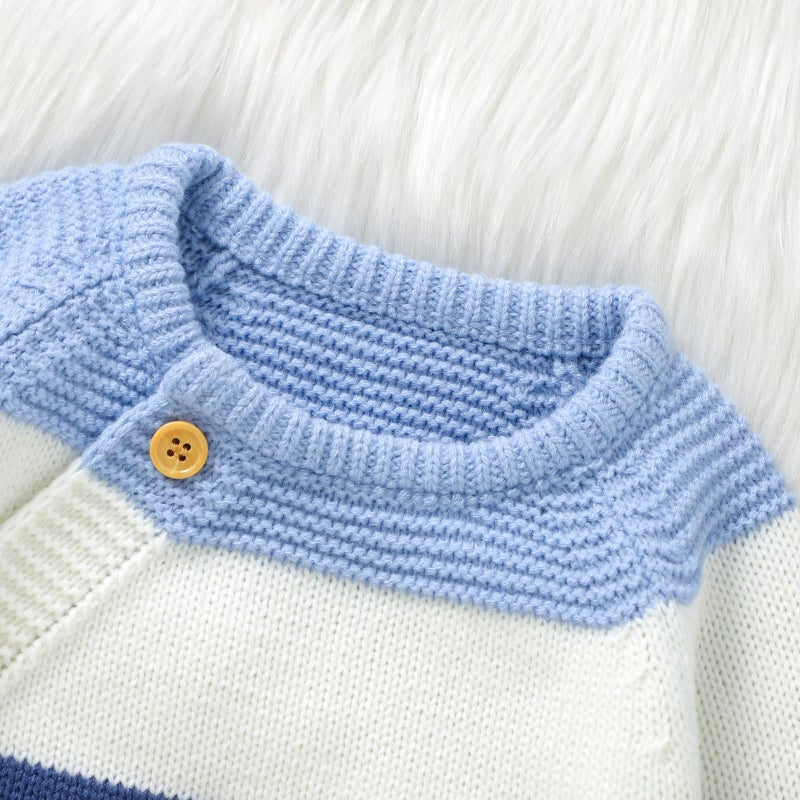 Licupiee Newborn Girl Boy Striped Sweater Romper Fall Long Sleeve Full Length Playsuit Winter Warm Button Up Knitted Jumpsuit (Blue, 0-3 Months) - Image 3