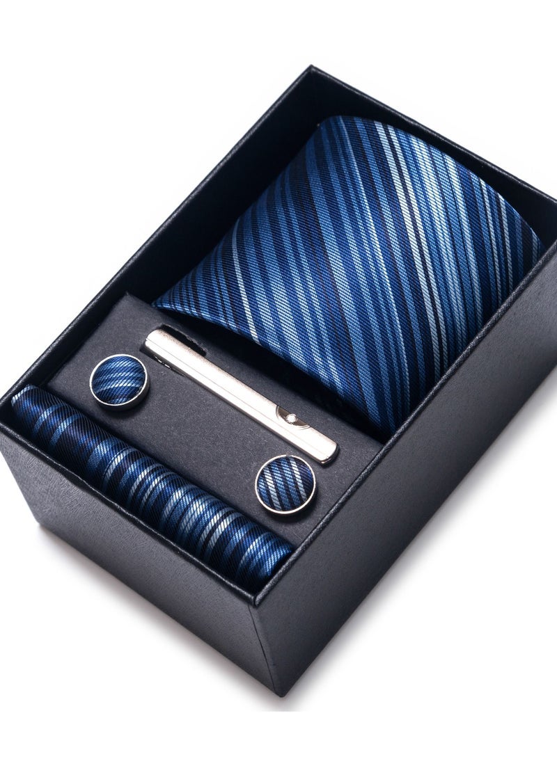 Men's Stripes Pattern Set with Pocket Square, Cufflinks & Tie Clip - Formal Tie with Handkerchief in Gift Box for Business, Wedding, Office, Parties & Corporate Gifting - Image 1