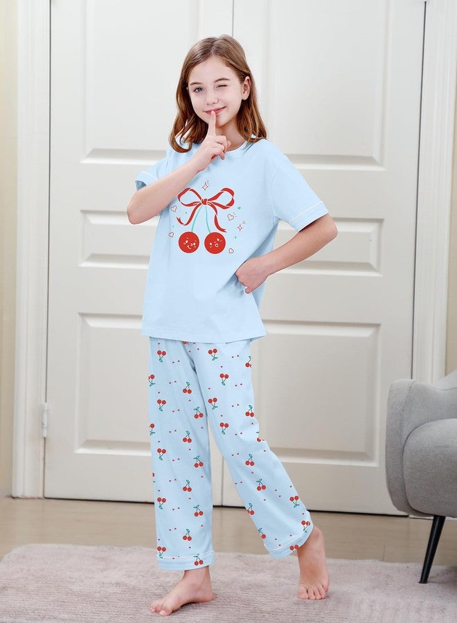 Umeyda Girls Pajamas Set, 100% Cotton Pjs Cartoon Pattern 3PCS Sleepwear Lounge for Kids Size 5-14, Blue Cherry, 9-10 years - Image 5
