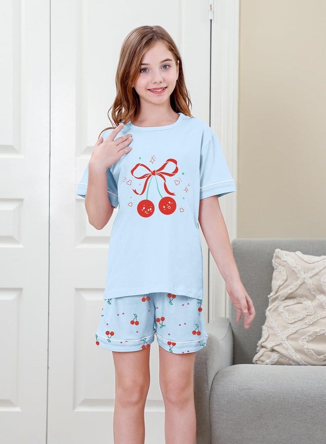 Umeyda Girls Pajamas Set, 100% Cotton Pjs Cartoon Pattern 3PCS Sleepwear Lounge for Kids Size 5-14, Blue Cherry, 9-10 years - Image 2