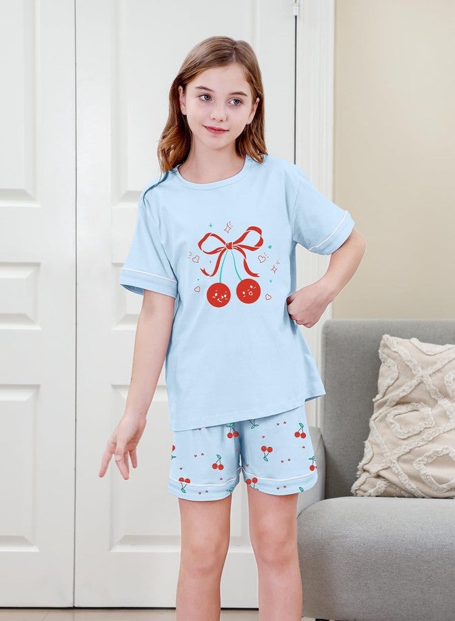 Umeyda Girls Pajamas Set, 100% Cotton Pjs Cartoon Pattern 3PCS Sleepwear Lounge for Kids Size 5-14, Blue Cherry, 9-10 years - Image 3