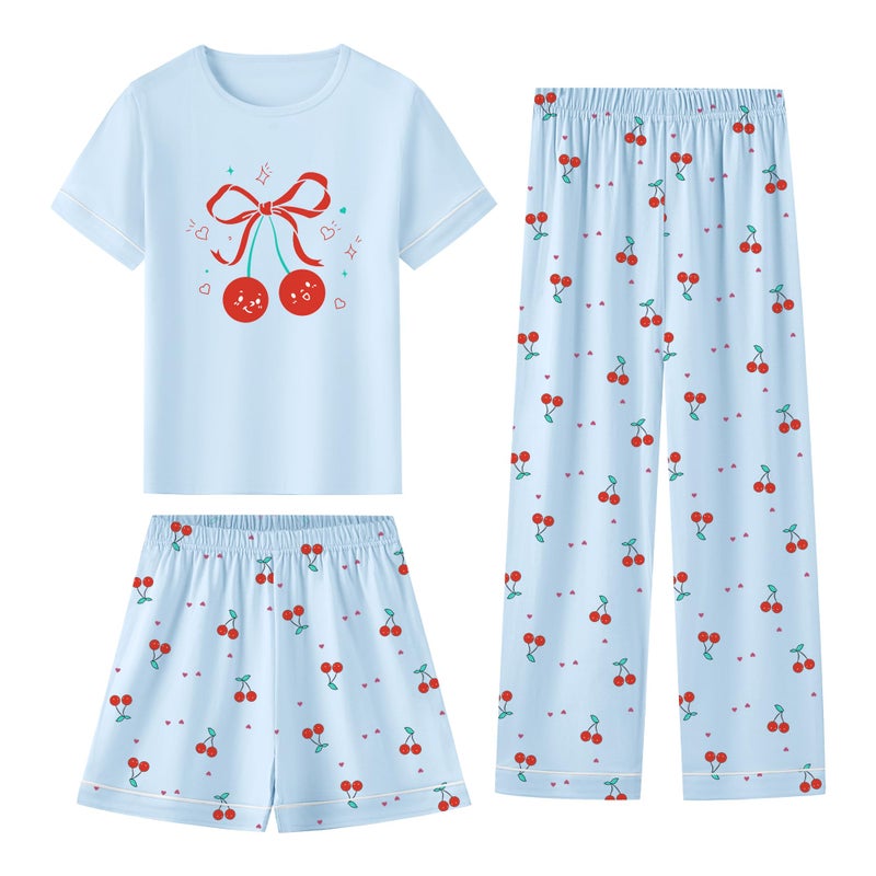 Umeyda Girls Pajamas Set, 100% Cotton Pjs Cartoon Pattern 3PCS Sleepwear Lounge for Kids Size 5-14, Blue Cherry, 9-10 years - Image 1