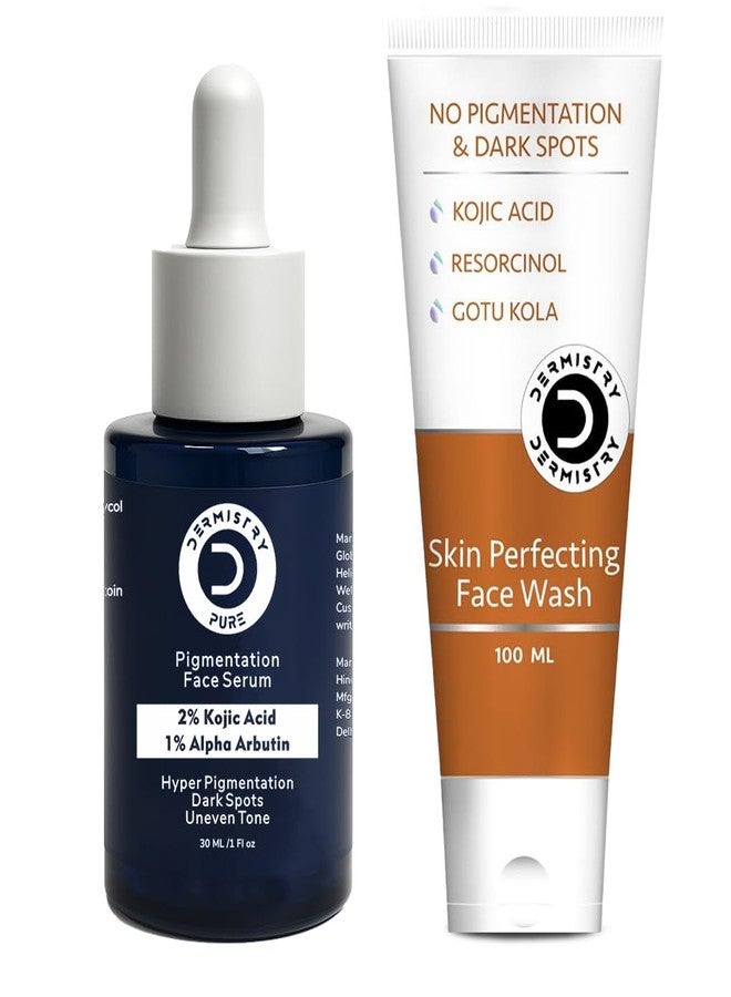 Dermistry Pure 2% Kojic Acid 1% Alpha Arbutin Face Serum & Kojic Acid Face Wash Combo for Pigmentation De-Tan Dark Spots Uneven Tone Glowing Skin - For Men & Women, All Skin Types - 130ml - Image 1