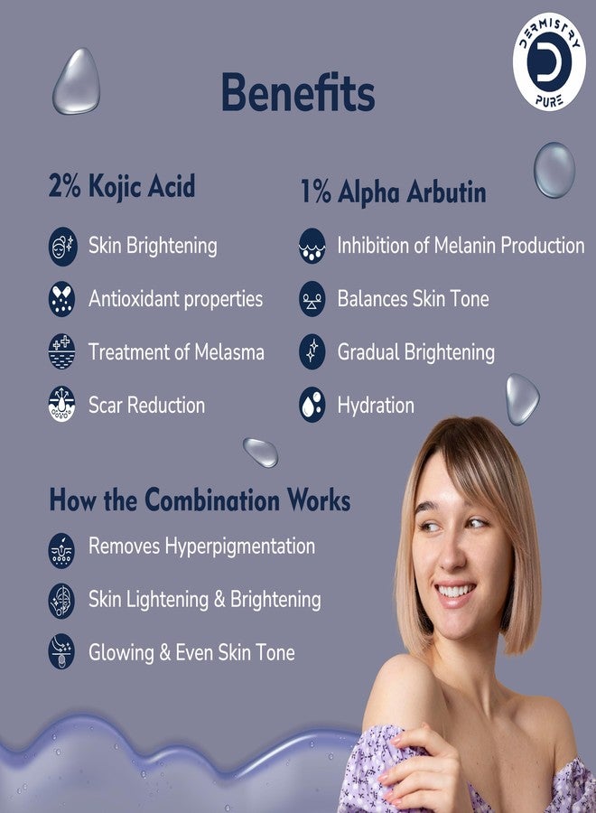Dermistry Pure 2% Kojic Acid 1% Alpha Arbutin Face Serum & Kojic Acid Face Wash Combo for Pigmentation De-Tan Dark Spots Uneven Tone Glowing Skin - For Men & Women, All Skin Types - 130ml - Image 3