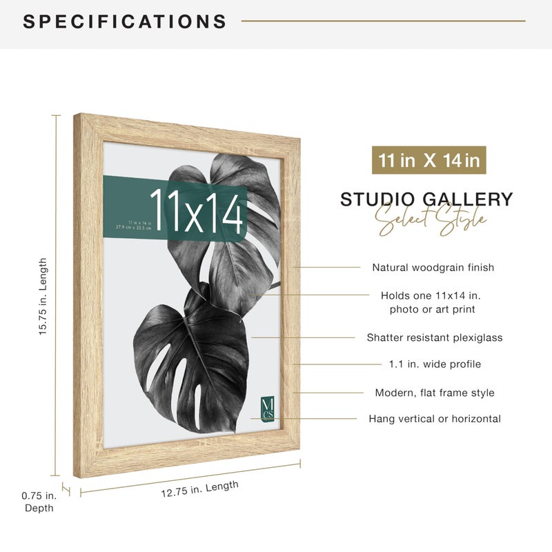 MCS Studio Gallery 11x14 Picture Frame Natural Woodgrain Engineered Wood, Rectangle Photo Frame for Photos, Posters & Art Prints (1-Pack) - Image 4